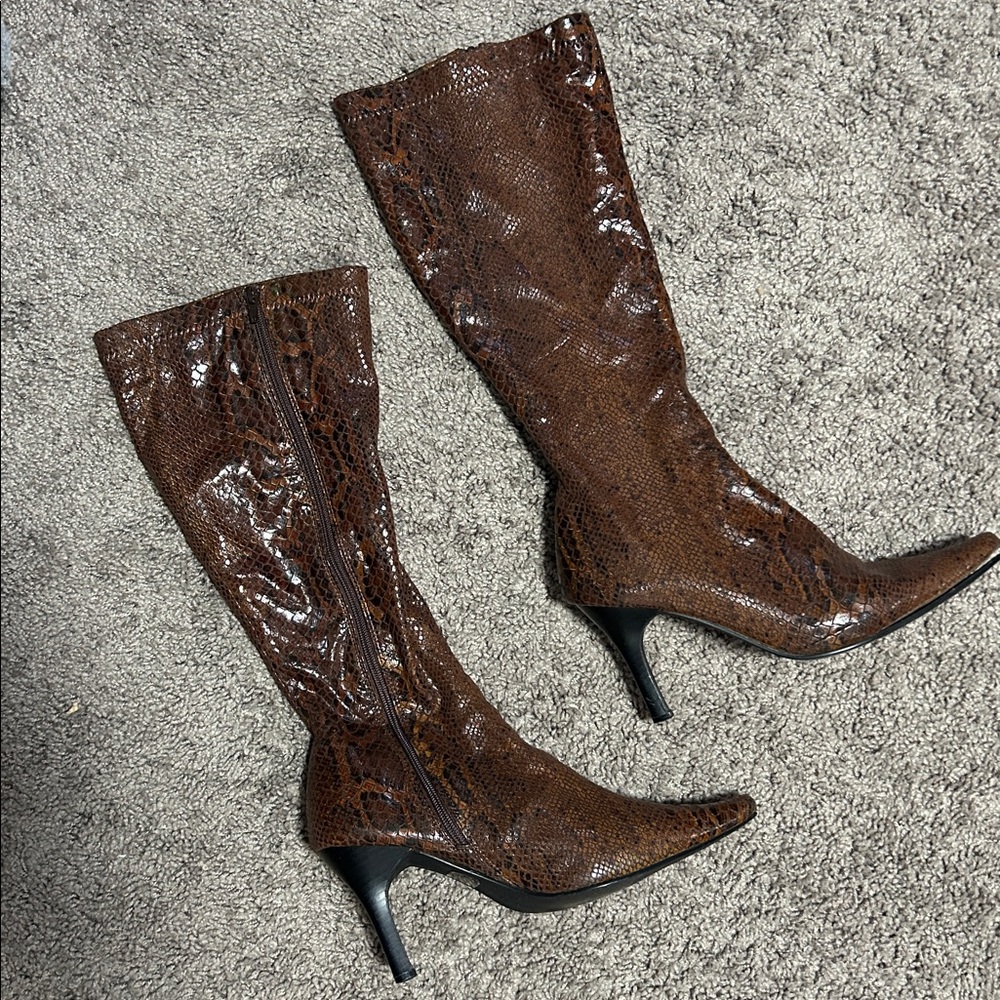 Colin Stuart Brown Snake Skin Print Stiletto Heeled Tall Boots 10